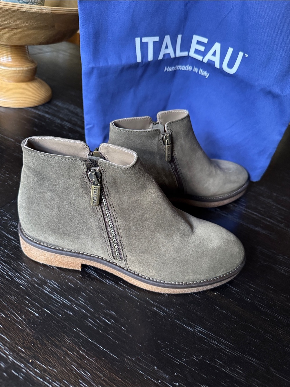 ITALEAU Olive Suede Ankle Booties - Side Zip Comfort